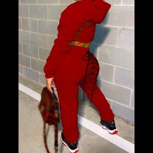 Hoodie Pullover Long Sleeve Crop Top & Shoe lace Laced Up Butt Pants